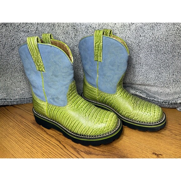 Ariat Fatbaby Green Croc & Blue Suede Western Cowgirl Boots 14746 Women’s Sz 8.5 - Picture 1 of 16